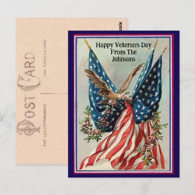 Custom Name Vintage Veteran's Day Patriotic Flag Postcard (Front/Back)