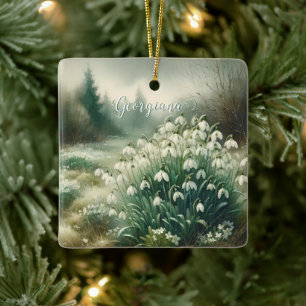 Custom Name Vintage Watercolor Floral Snowdrops Ceramic Ornament