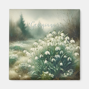 Custom Name Vintage Watercolor Floral Snowdrops Magnet