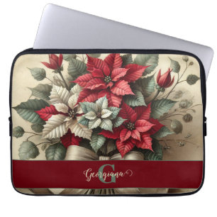 Custom Name Vintage Watercolor Poinsettia Bouquet Laptop Sleeve