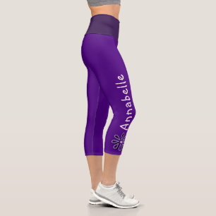 Custom Name - Violet Flower Doodle - Solid Indigo Capri Leggings