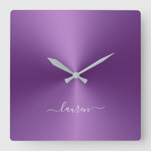 Custom Name Violet Metallic Style Acrylic Square Wall Clock