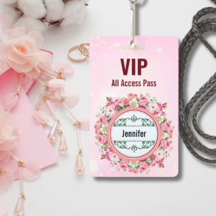 Custom Name VIP All Access Pass Floral Badge Pink