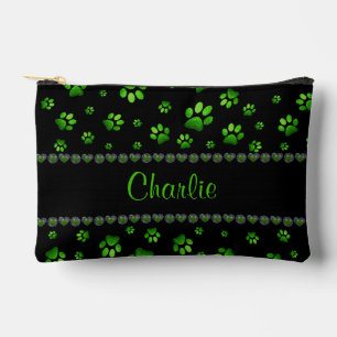 Custom name, vivid green glitter dog paws accessory pouch
