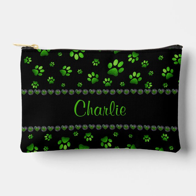 Custom name, vivid green glitter dog paws  accessory pouch (Front)