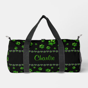 Custom name, vivid green glitter dog paws duffle bag
