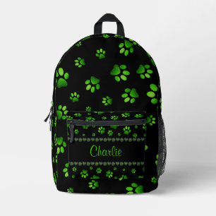 Custom name, vivid green glitter dog paws printed backpack