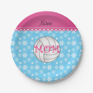 Custom name volleyball mom blue snowflakes paper plate