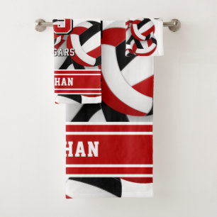 Custom name volleyball red black team colours bath towel set