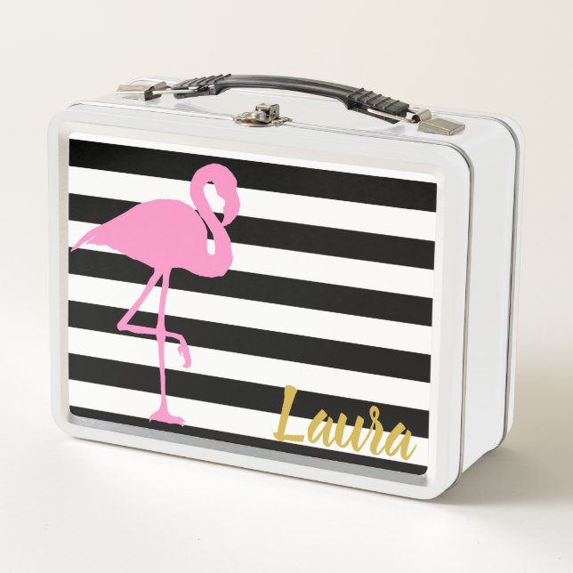 Custom Name w/ Flamingo on Black and White Stripes Metal Lunch Box (Front)