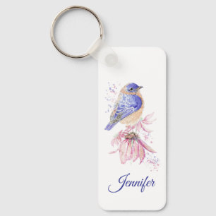 Custom Name Watercolor Bluebird Garden Bird Art Keychain
