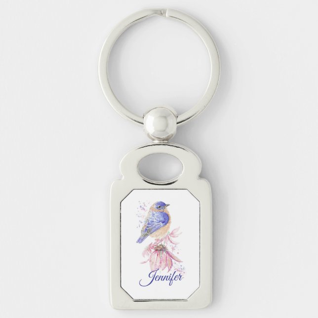 Custom Name Watercolor Bluebird Garden Bird Art Keychain (Front)