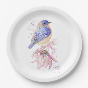 Custom Name Watercolor Bluebird Garden Bird Art Paper Plate