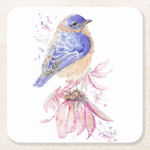 Custom Name Watercolor Bluebird Garden Bird Art Square Paper Coaster