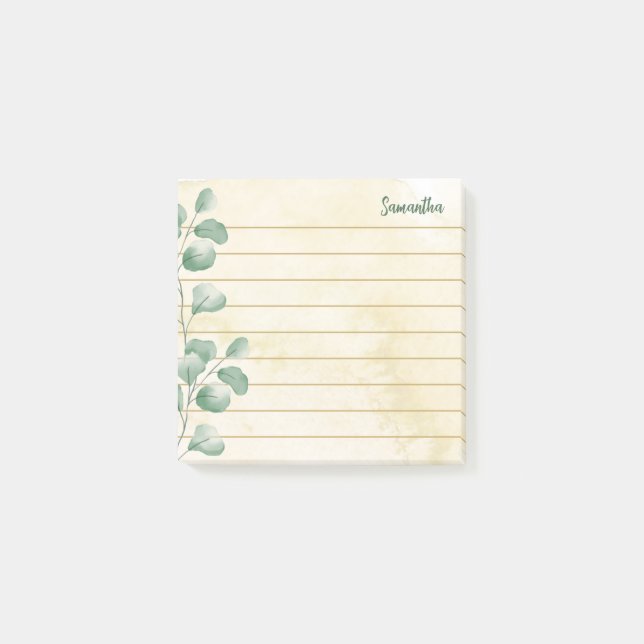 Custom Name Watercolor Eucalyptus Elegant Lined Post-it Notes (Front)