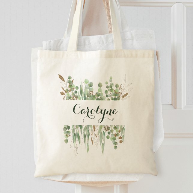 Custom Name Watercolor Eucalyptus Greenery Pretty Tote Bag (Creator Uploaded)