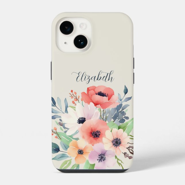 Custom Name Watercolor Floral Anemone iPhone Case (Back)