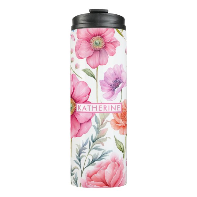 Custom Name Watercolor Flower  Thermal Tumbler (Front)