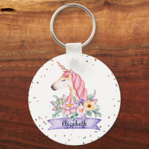 Custom Name Watercolor Flower Unicorn Girl Keychain