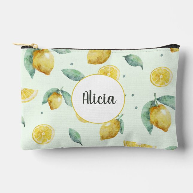 Custom name watercolor lemons accessory pouch (Front)