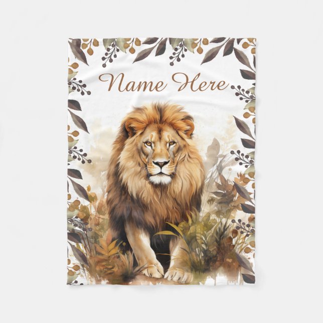 Custom Name Watercolor Lion Personalized Kid Fleece Blanket (Front)