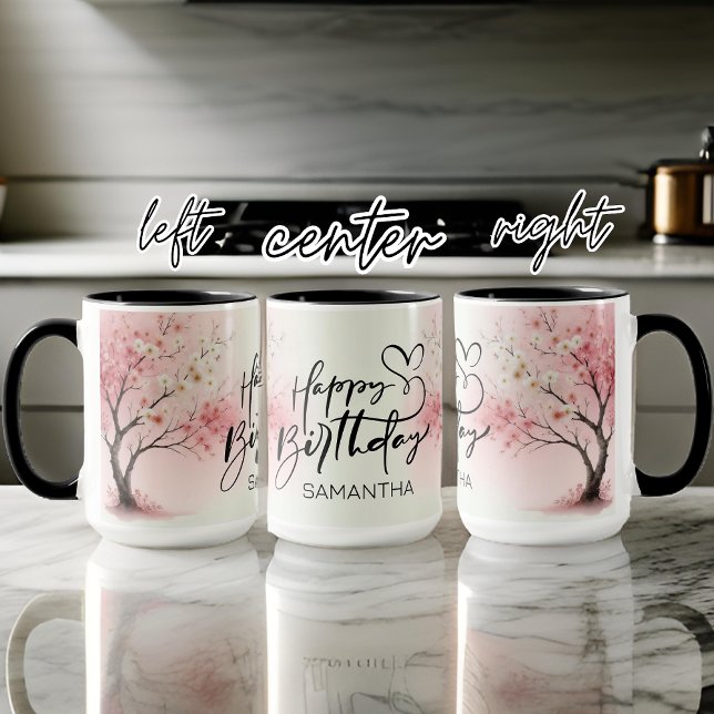 Custom Name Watercolor Pink Happy Birthday Mug (happy birthday mug for her, women, girl, mom, birthday gift for women, birthday present for her)