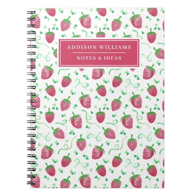Custom Name Watercolor Strawberry Pattern Notebook (Front)