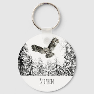 Custom Name Watercolor Striking Hunting Owl Bird Keychain
