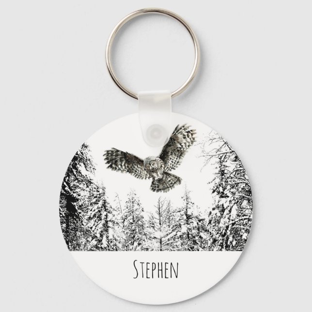 Custom Name Watercolor Striking Hunting Owl Bird Keychain (Front)