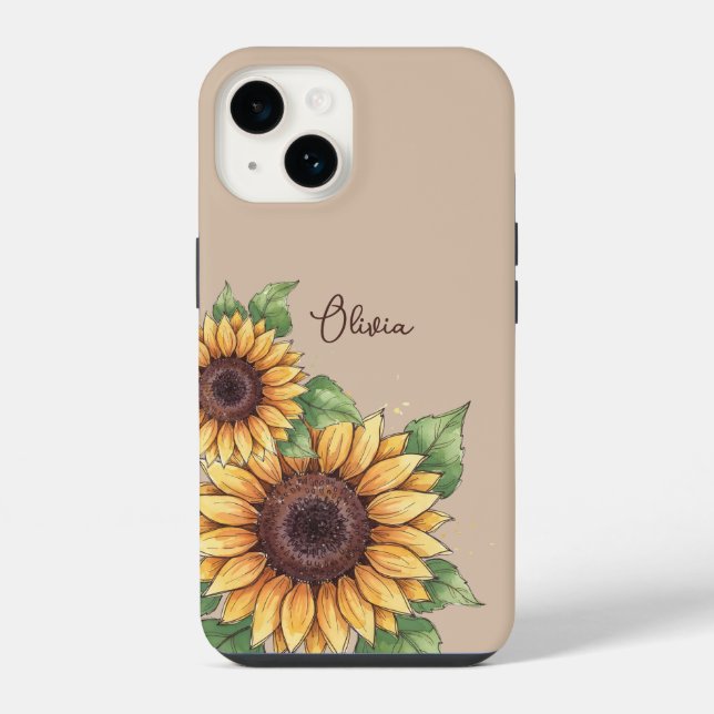 Custom Name Watercolor Sunflower Rustic iPhone Case (Back)
