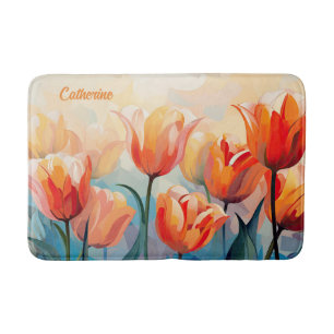 Custom Name Watercolor Tulips Bath Mat