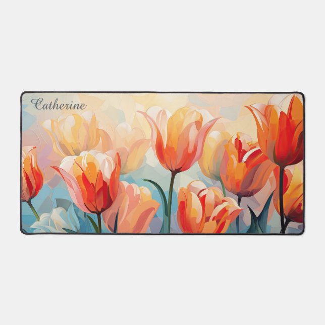 Custom Name Watercolor Tulips Desk Mat (Front)