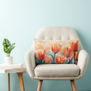 Custom Name Watercolor Tulips Lumbar Pillow