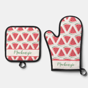 Custom Name Watermelon Slice Summer BBQ Oven Mitt & Pot Holder Set