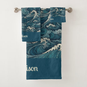 Custom Name Waves Pattern Bath Towel Set