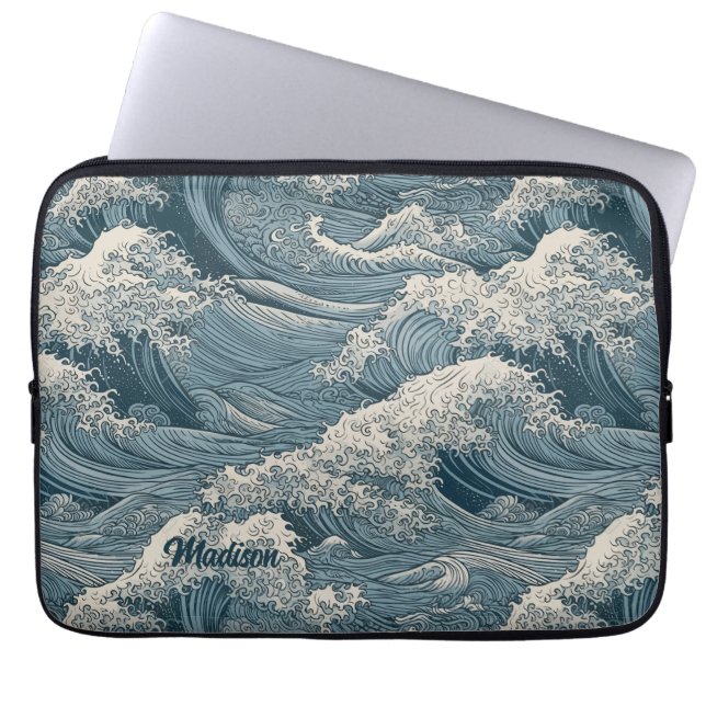 Custom Name Waves Pattern Laptop Sleeve (Front)