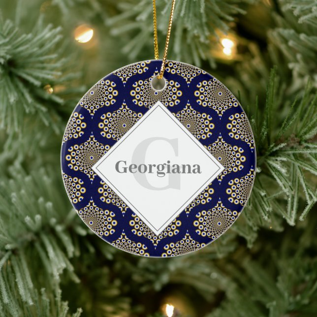 Custom Name We Are Watching You Navy & Gold Retro Ceramic Ornament (Tree)