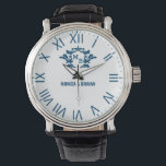 Custom Name Wedding Vintage Floral Monogram  Watch<br><div class="desc">Vintage Floral Monogram White Background Navy Letters Elevate your style with this Vintage Floral Monogram Watch, featuring elegant navy letters on a crisp white background. This timeless timepiece blends classic charm with modern sophistication, making it a perfect personalized gift for couples, weddings, anniversaries, and special occasions. Designed with delicate floral...</div>