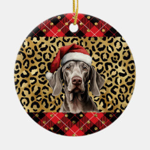 Custom Name Weimaraner dog Santa hat Buffalo Plaid Ceramic Ornament