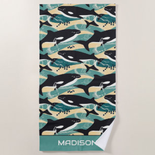 Custom Name Whales Pattern Beach Towel