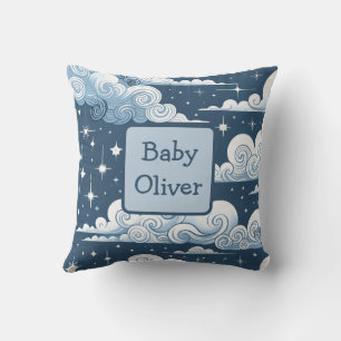 Custom Name Whimsical Blue Celestial Baby Boy Throw Pillow