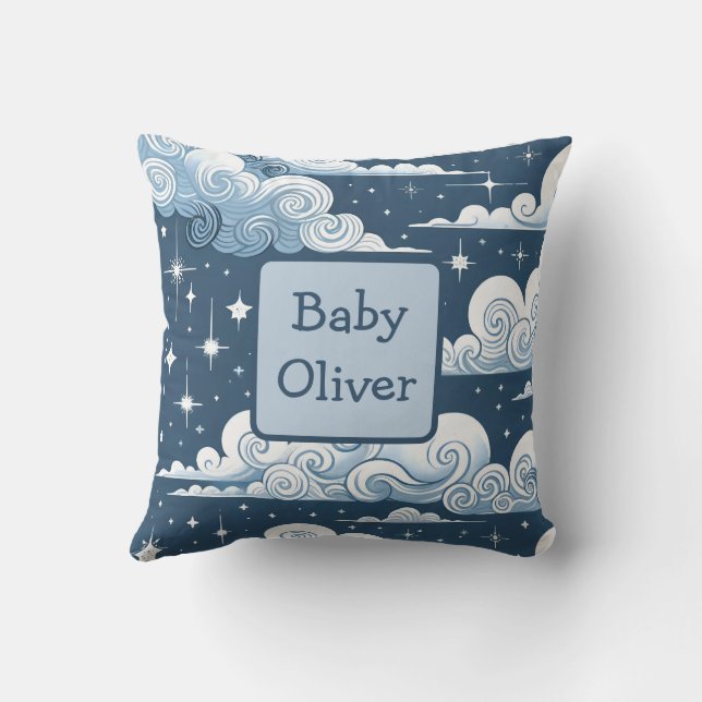Custom Name Whimsical Blue Celestial Baby Boy  Throw Pillow (Back)