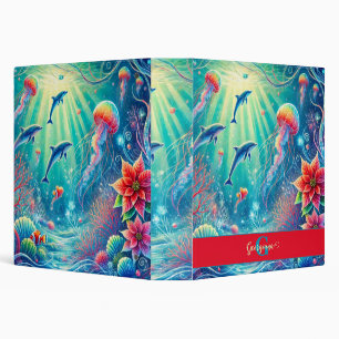 Custom Name Whimsical Floral Coral Reef Poinsettia Binder