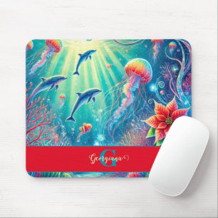 Custom Name Whimsical Floral Coral Reef Poinsettia Mouse Pad