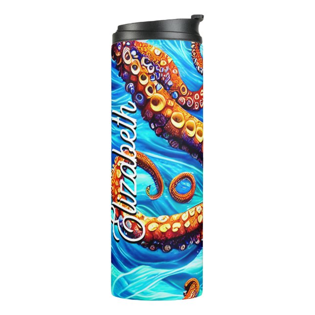 Custom Name Whimsical Octopus Blue Ocean Wave Thermal Tumbler (Rotated Left)