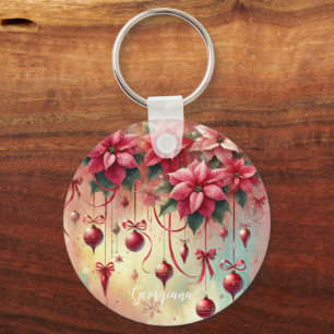 Custom Name Whimsical Poinsettia Christmas Baubles Keychain