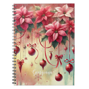 Custom Name Whimsical Poinsettia Christmas Baubles Notebook