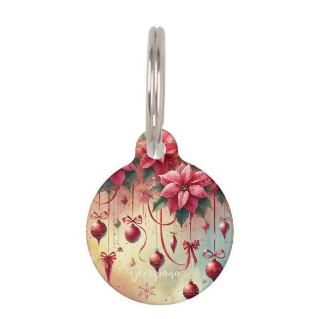 Custom Name Whimsical Poinsettia Christmas Baubles Pet Tag (Front)