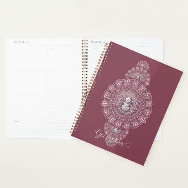 Custom Name Whimsical Snowman Ornamental Mandala Planner (Display)
