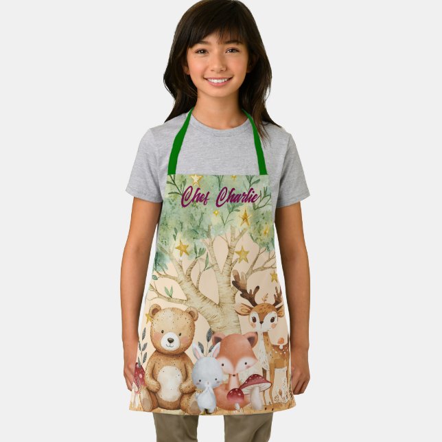 Custom Name Whimsical Woodland Forest Animals Kids Apron (Insitu)